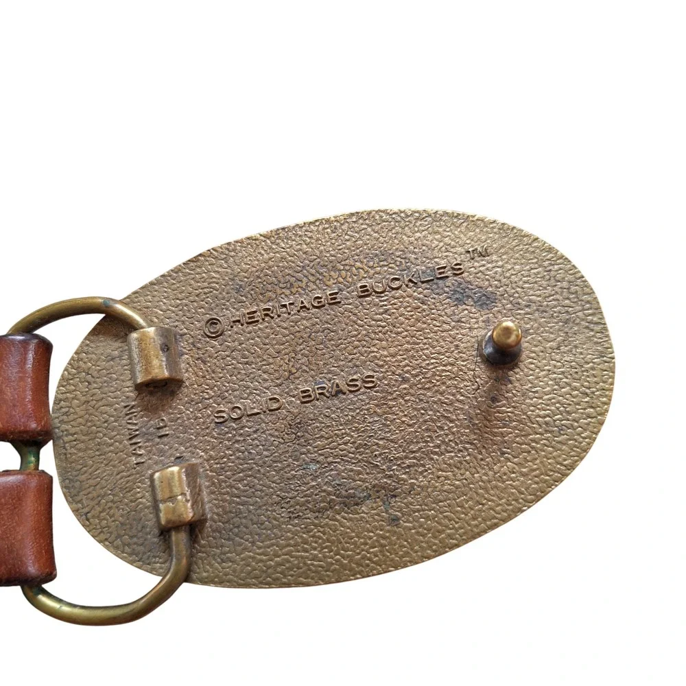 Heritage Buckles Solid Brass Vintage Tooled Leather Belt Pheasant Game Bird
